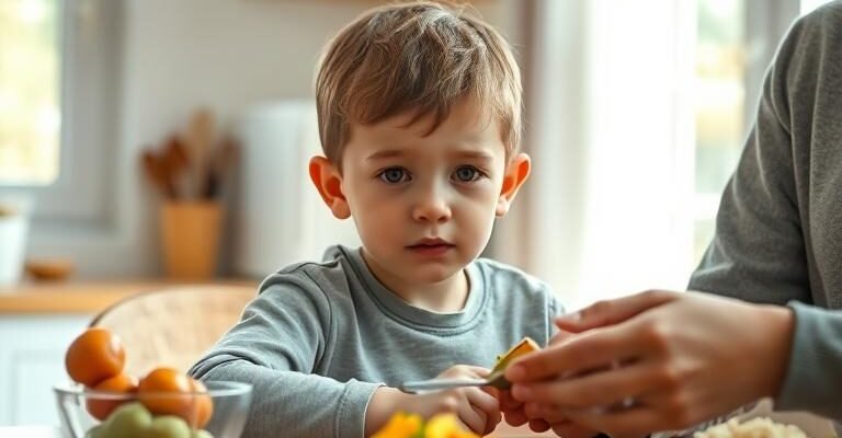 Criança autista com seletividade alimentar, recusando novos alimentos durante a refeição