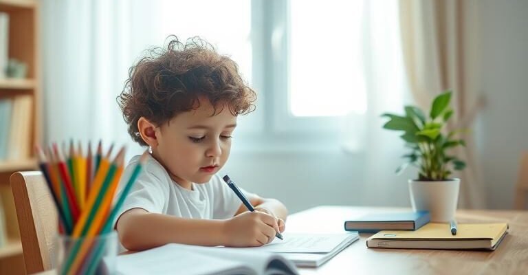 Criança com TDAH em sala de aula, mostrando dificuldade de concentração e hiperatividade