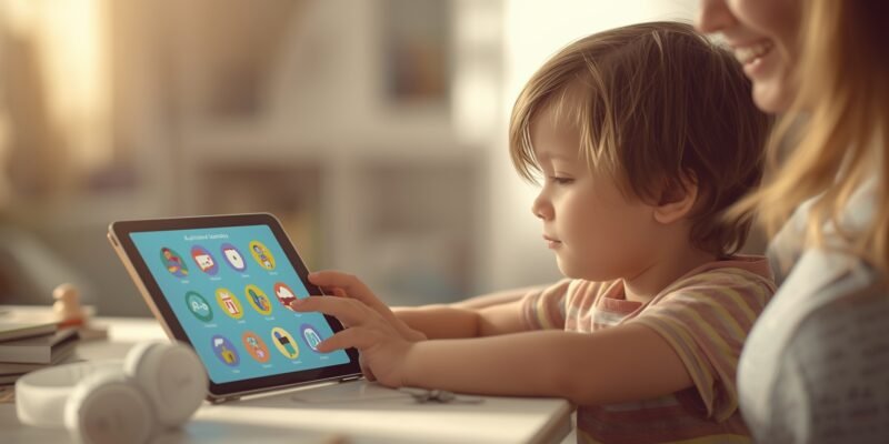 Criança autista usando um tablet com aplicativos de comunicação e aprendizagem, acompanhada por um adulto em um ambiente sensorialmente acolhedor.