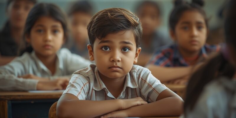criança em sala de aula, com expressão confusa enquanto assiste aula