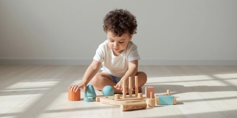 Criança autista brincando com brinquedos educativos e sensoriais em ambiente organizado estilo Montessori, estimulando comunicação, atenção e desenvolvimento infantil.