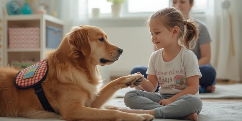 Criança autista interagindo de forma tranquila com um cão de terapia, sentada em um ambiente sensorialmente acolhedor, transmitindo vínculo, segurança e benefícios da terapia assistida por animais.