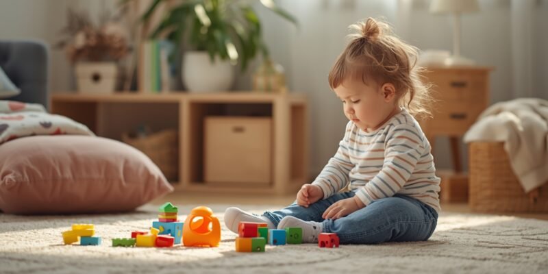 Criança autista brincando em ambiente terapêutico sensorialmente acolhedor
