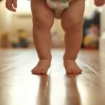 Criança pequena andando na ponta dos pés dentro de casa