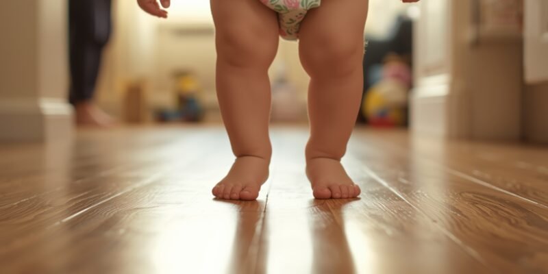 Criança pequena andando na ponta dos pés dentro de casa