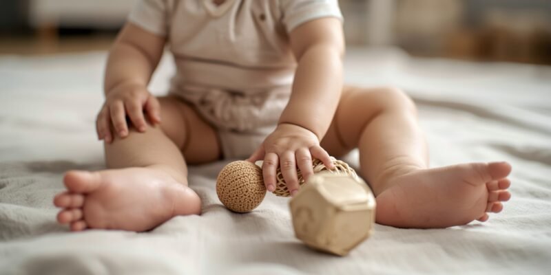 Bebê explorando brinquedos sensoriais em um ambiente suave, representando sinais precoces de desenvolvimento no primeiro ano de vida