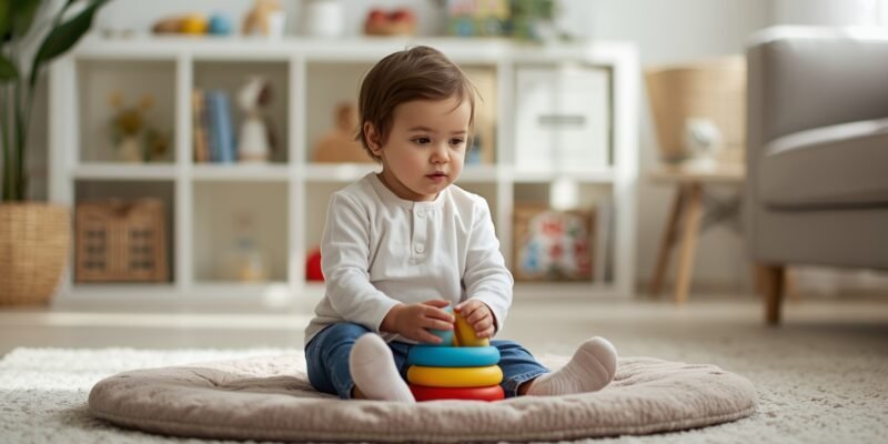 Criança pequena brincando silenciosamente em um tapete, observando atentamente um brinquedo em um ambiente acolhedor.