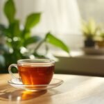 Ambiente tranquilo com xícara de chá e luz natural representando sensação de calma
