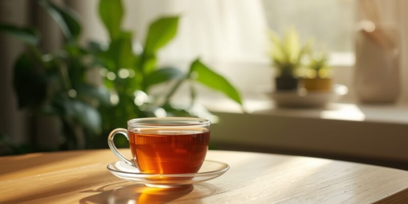 Ambiente tranquilo com xícara de chá e luz natural representando sensação de calma