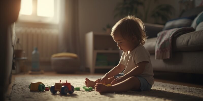 Criança brincando de forma tranquila em ambiente acolhedor