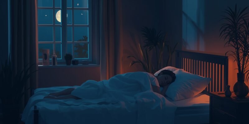 Ambiente noturno aconchegante com luz suave e pessoa em silhueta descansando para simbolizar melhora da insônia