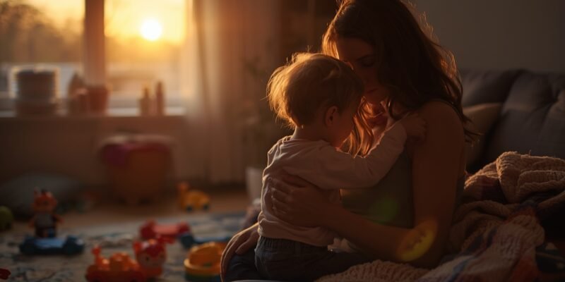 Mãe acolhendo seu filho autista em um ambiente confortável e sensorialmente tranquilo