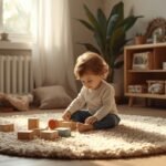 Criança explorando brinquedos sensoriais em ambiente acolhedor e tranquilo