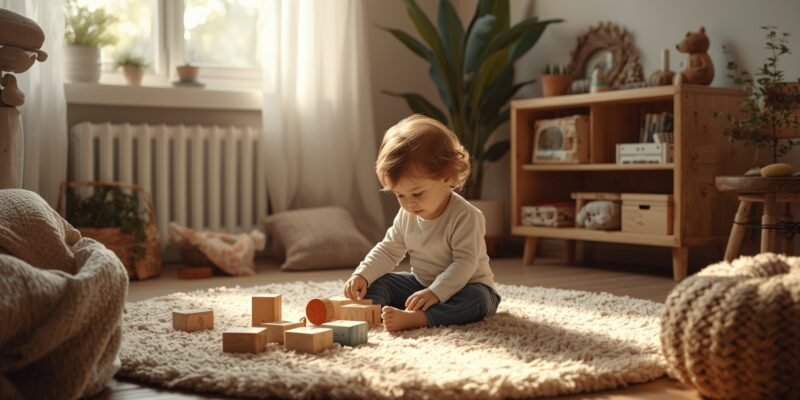 Criança explorando brinquedos sensoriais em ambiente acolhedor e tranquilo