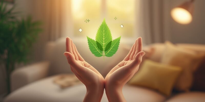 Ilustração realista de mãos segurando uma folha verde luminosa simbolizando alívio e equilíbrio na dor crônica