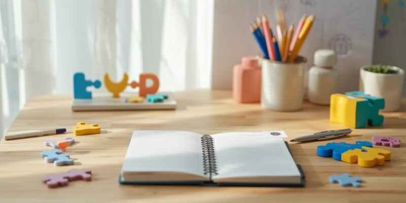 Mesa de consultório infantil com documentos e elementos lúdicos representando avaliação e laudo de autismo