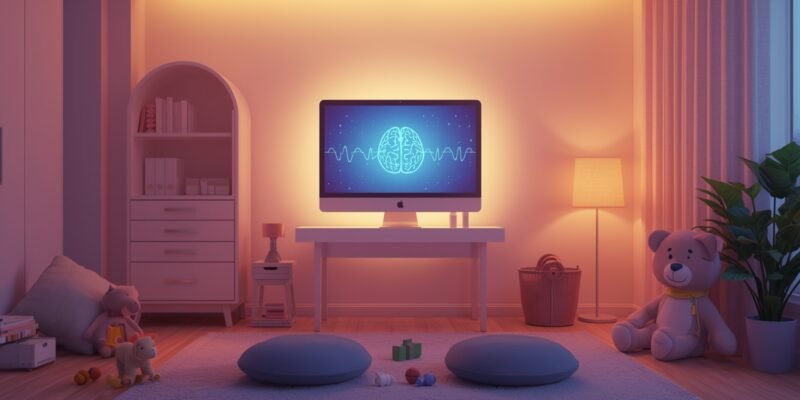 Sala infantil aconchegante com tela mostrando ondas cerebrais, ambiente calmo e lúdico para neurofeedback