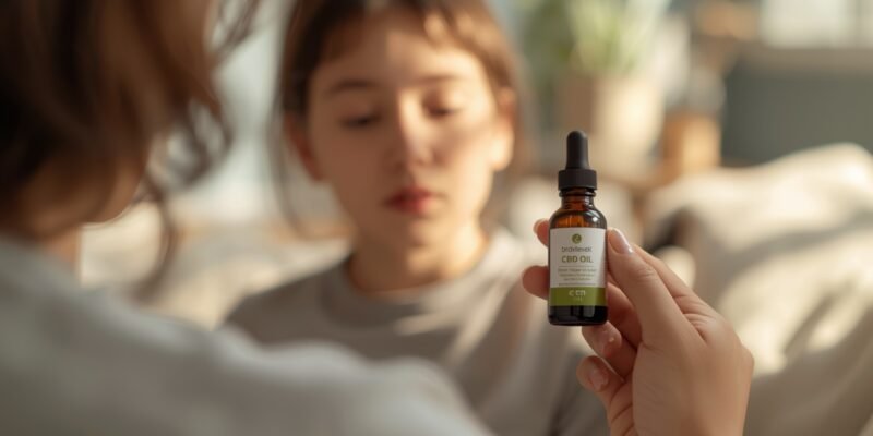 Frasco de óleo de canabidiol sendo segurado por um responsável em ambiente acolhedor