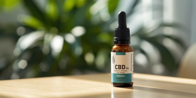 Frasco de óleo de canabidiol em uma mesa de madeira com fundo vegetal desfocado.