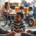 Responsável conversando com equipe escolar sobre inclusão, enquanto crianças diversas interagem em um ambiente escolar adaptado e acolhedor
