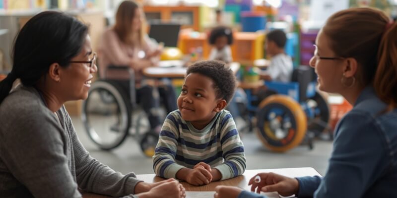 Responsável conversando com equipe escolar sobre inclusão, enquanto crianças diversas interagem em um ambiente escolar adaptado e acolhedor