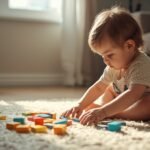 Criança montando peças coloridas representando o desenvolvimento infantil no autismo