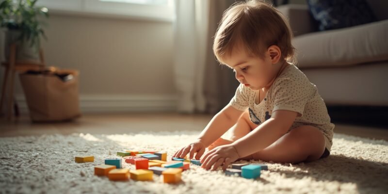 Criança montando peças coloridas representando o desenvolvimento infantil no autismo